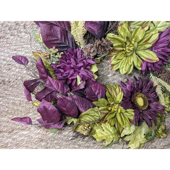 Purple Floral Leaf Twig 24" Pinecones Artificial Wreath Fall Autumn - Picture 5 of 11